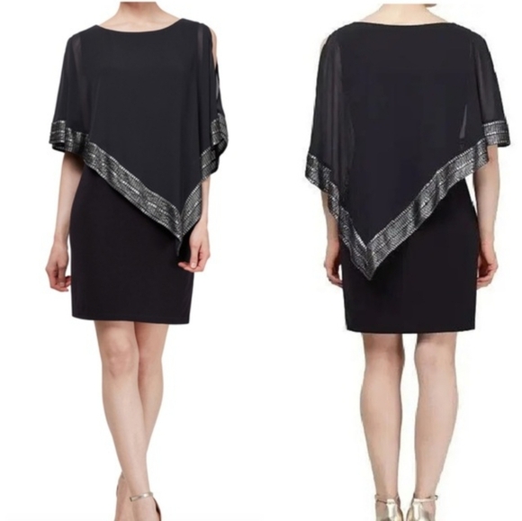 NWT SLNY Foil Trim Assymetrical Chiffon & Jersey Popover Cape Midi Dress Size 6 - Picture 1 of 8